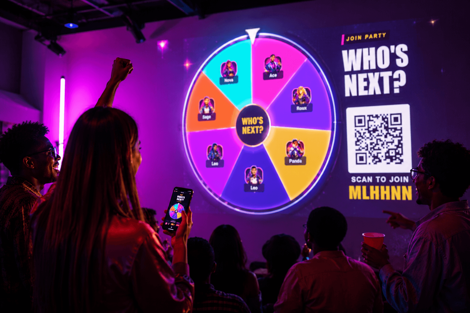 An imagined full-room IRL Party game show with guests playing from their phones