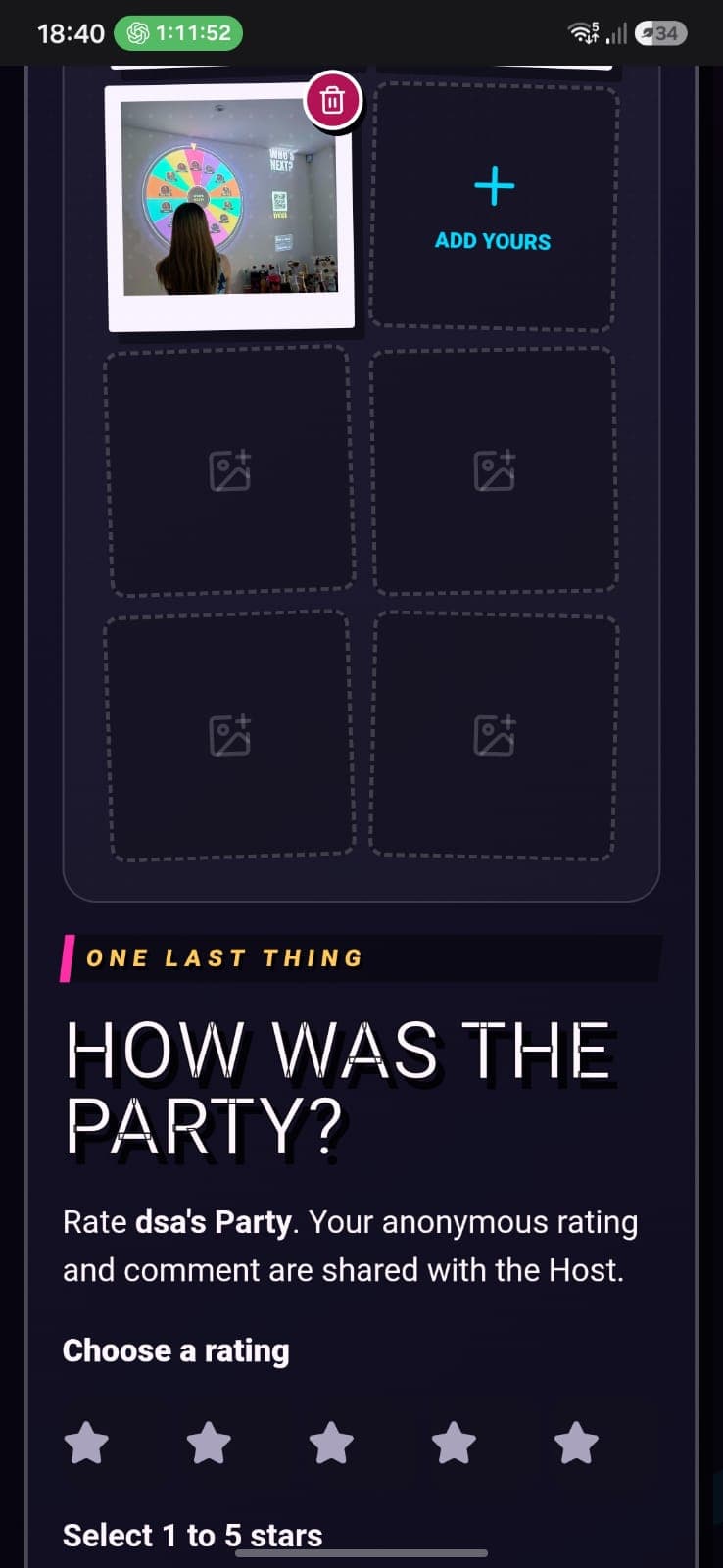 After-party page with shared photos and party feedback